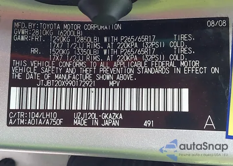 2009 Lexus Gx 470 z USA, uszkodzony, nr VIN JTJBT20X990172921